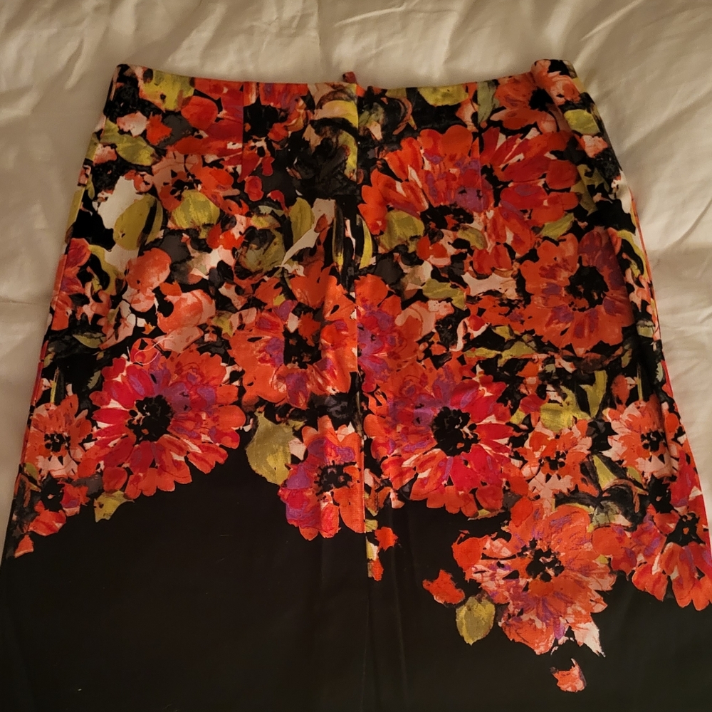 Floral Pencil Skirt - Black with Red & Orange Floral Print